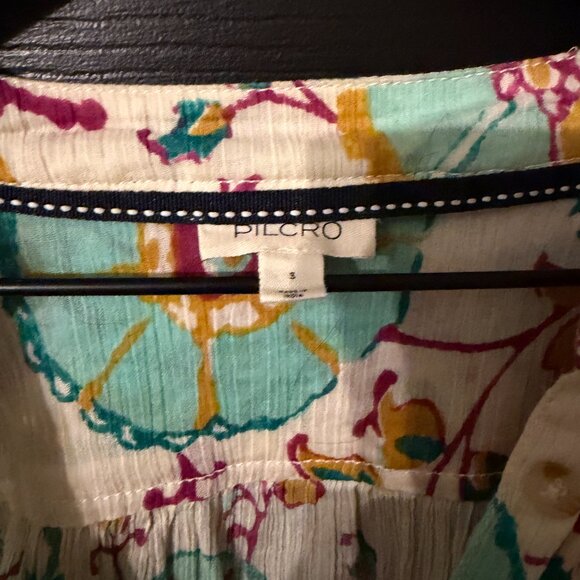 Womens Oversized Floral Pattern Blouse Teal Orange Cream Balloon Sleeves Small - Picture 2 of 5